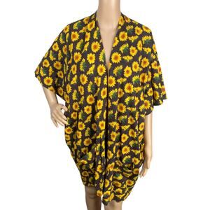 Vada Winter Organic Cotton Brown Yellow Sunflower Printed Kimono Duster SZ M